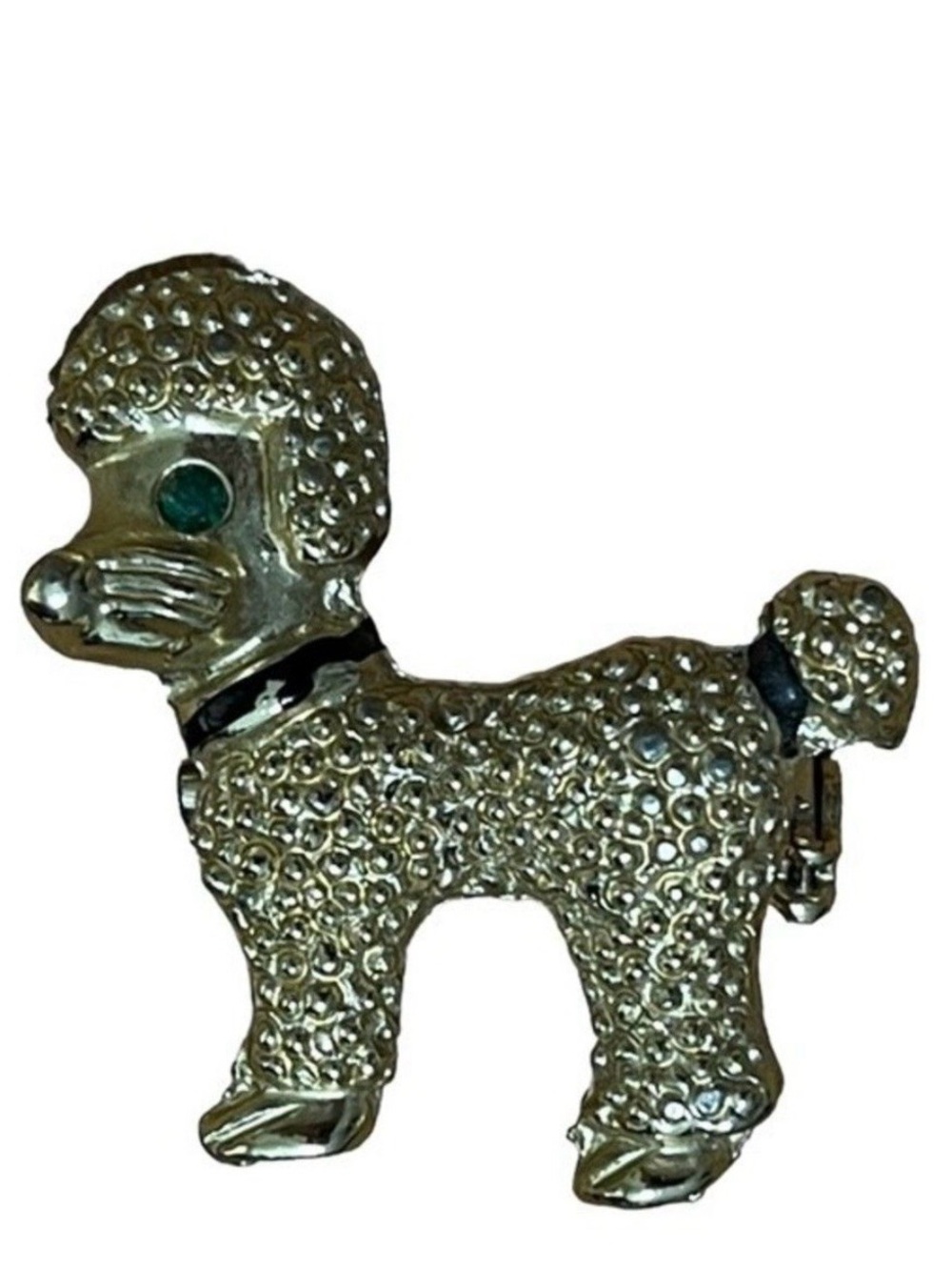 CCI Poodle Brooch Dog Pin Gold Tone Texture Green Stone Eye Black Collar